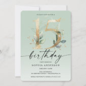 水の色の緑の金ゴールド15th誕生日パーティーInvite 招待状 (正面)