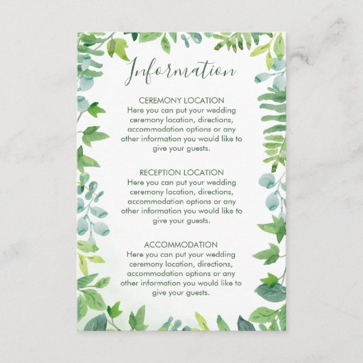 水の色の緑結婚の情報カード エンクロージャーカード (正面)