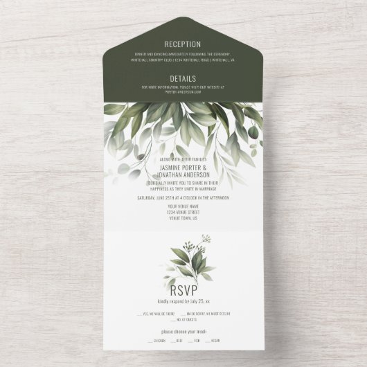 水の色の緑離れの結婚 オールインワン招待状 (内側)