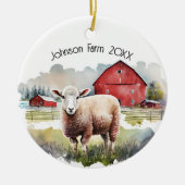 水の色の羊と赤いバーンズ セラミックオーナメント (正面)