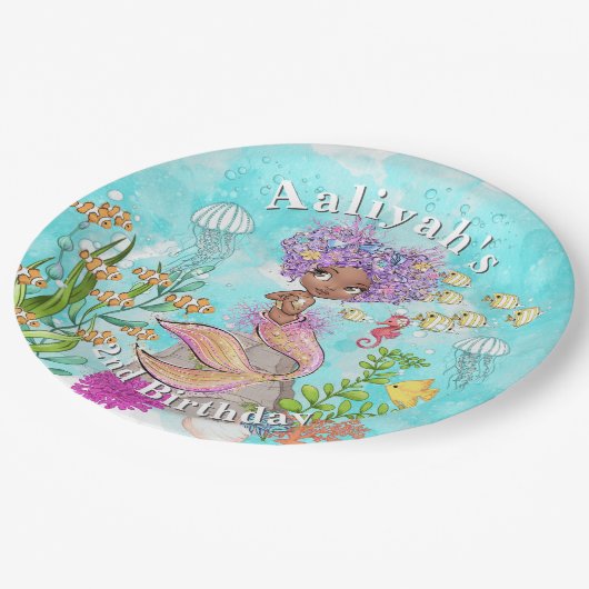 水の色の美しい茶色のリトルマーメイド誕生日 ペーパープレート (アングル)