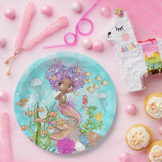 水の色の美しい茶色のリトルマーメイド誕生日 ペーパープレート (パーティー)