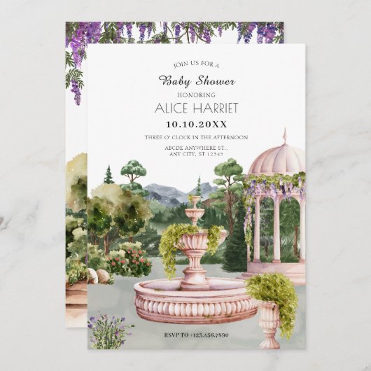 水の色の美的な庭の赤エレガントちゃんシャワー 招待状 (正面/裏面)