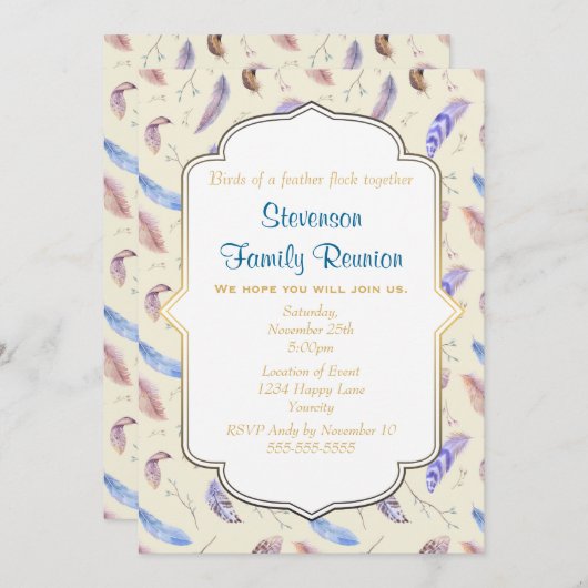 水の色の羽と離れファミリー懇親会 招待状 (正面/裏面)