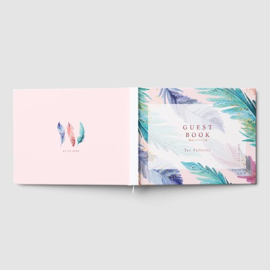 水の色の羽シックなボヘミアンガールベビーシャワー ゲストブック (全面)