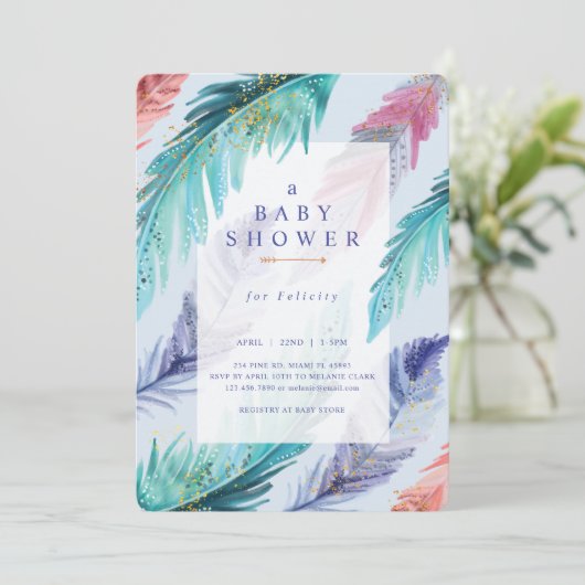 水の色の羽シックなボヘミアンボーイベビーシャワー 招待状 (スタンド正面)