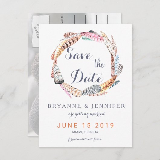 水の色の羽ボヘ素朴ミアン日付を保存 案内ポストカード (正面/裏面)