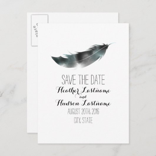 水の色の羽付け日付の保存 – 黒 案内ポストカード (正面/裏面)