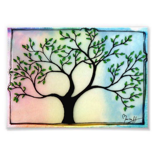 水の色の背景の上のVellum上のツリー フォトプリント (正面)