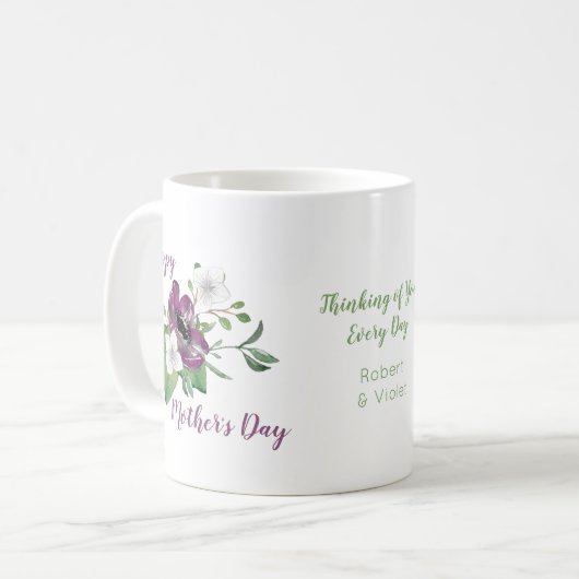 水の色の花のスプレーとハッピーマザーズの日 コーヒーマグカップ (正面左)