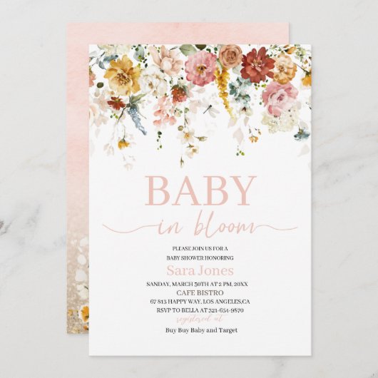 水の色の花のベビーで開花赤ちゃんシャワーInvite 招待状 (正面/裏面)