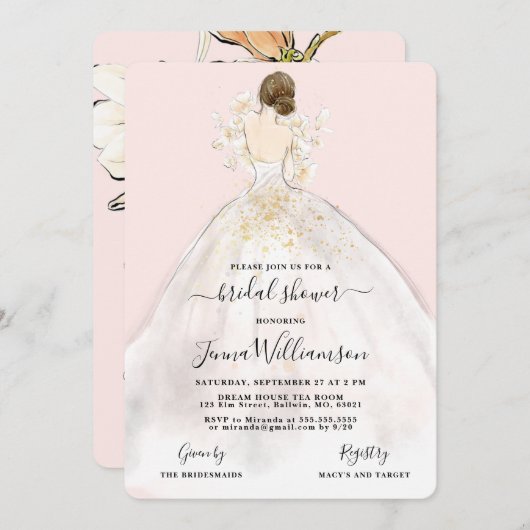 水の色の花嫁でガウンのブライダルシャワー招待 招待状 (正面/裏面)