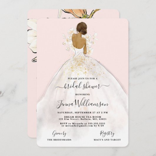 水の色の花嫁でガウンのブライダルシャワー招待 招待状 (正面/裏面)