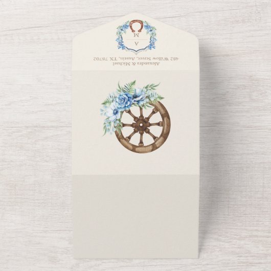 水の色の花模様ウェスタンカウボーイハット結婚ズ オールインワン招待状 (外側)