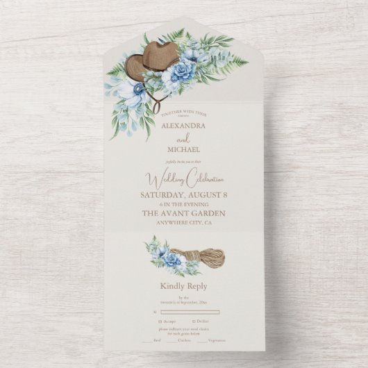 水の色の花模様ウェスタンカウボーイハット結婚ズ オールインワン招待状 (内側)