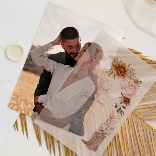 水の色の花模様ウェスタンカウボーイブーツ結婚ズ ベラム紙招待状