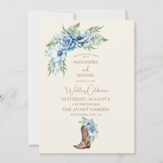 水の色の花模様ウェスタンカウボーイブーツ結婚ズ 招待状 (正面)
