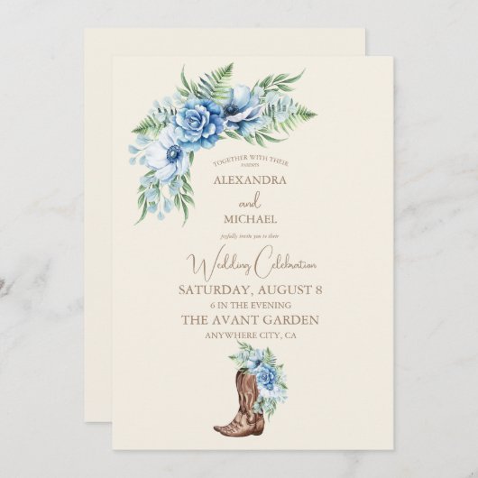 水の色の花模様ウェスタンカウボーイブーツ結婚ズ 招待状 (正面/裏面)