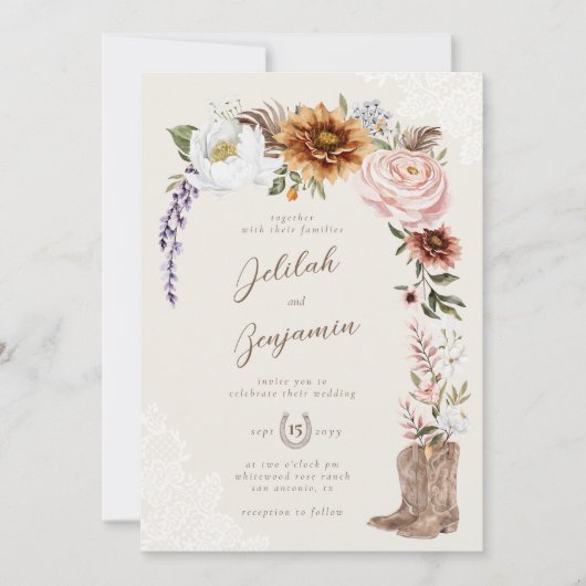 水の色の花模様ウェスタンカウボーイブーツ結婚ズ 招待状 (正面)