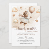 水の色の茶色のアイボリーテディベアの女の子が心を待つ 招待状 (正面/裏面)