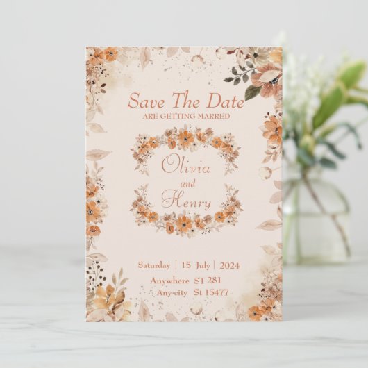 水の色の茶色の花の日付招待状を保存 招待状 (スタンド正面)