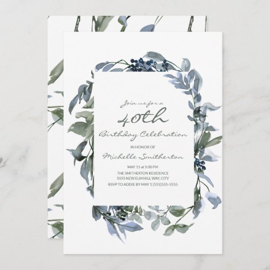 水の色の葉緑の女性の40歳の誕生日 招待状 (正面/裏面)