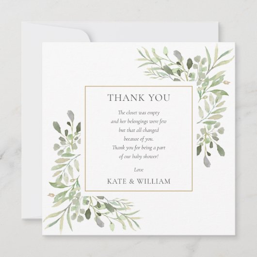 水の色の葉緑の赤ちゃんシャワー詩 サンキューカード (正面)