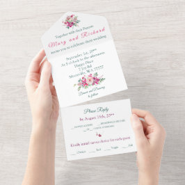 水の色の蘭とバラ結婚フローラ オールインワン招待状