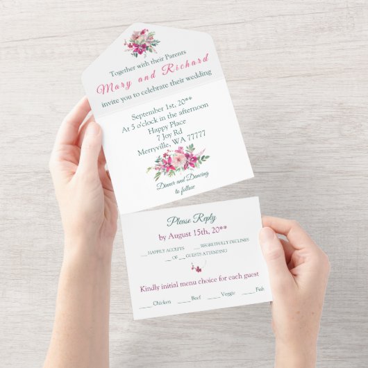 水の色の蘭とバラ結婚フローラ オールインワン招待状 (貼ってはがせる)