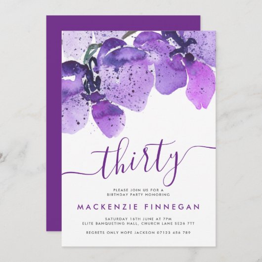 水の色の蘭バイオレットサーティートバースデーパーティー 招待状 (正面/裏面)