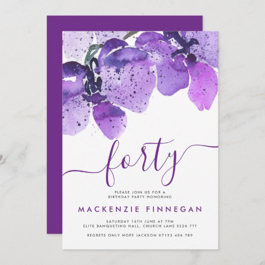 水の色の蘭バイオレットフォーティートバースデーパーティー 招待状 (正面/裏面)