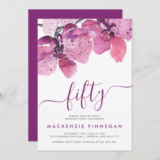 水の色の蘭パープルファイティートバースデーパーティー 招待状 (正面/裏面)