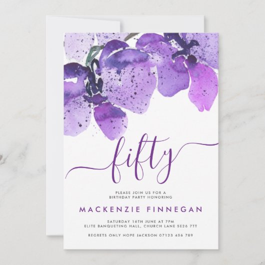 水の色の蘭ヴァイオレット50誕生日パーティー 招待状 (正面)