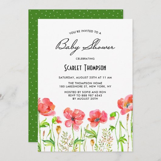 水の色の赤いケシのガーデンベイビーシャワー 招待状 (正面/裏面)