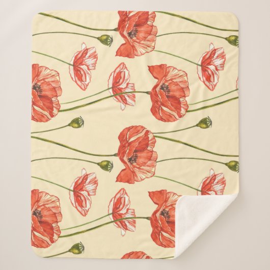 水の色の赤いケシのパターン。 シェルパブランケット (正面)