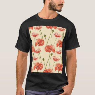 水の色の赤いケシのパターン。 Tシャツ