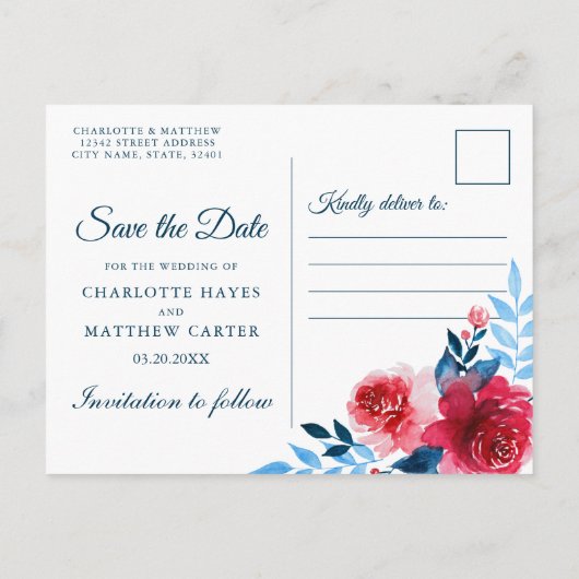 水の色の赤いバラの日付を保存 案内ポストカード (裏面)