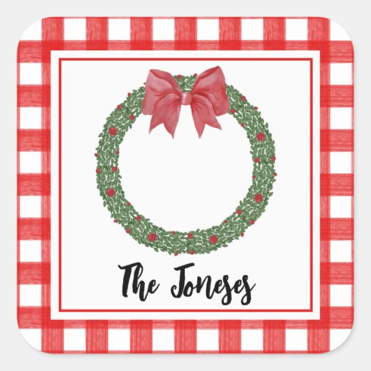 水の色の赤い格子状の弓クリスマスリースギフトラベル スクエアシール (正面)