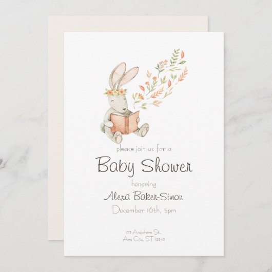 水の色の赤ちゃんシャワー招待ベビーバニー 招待状 (正面/裏面)