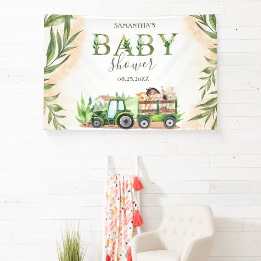 水の色の農場動物トラクターベビーシャワー 横断幕 (インサイチュ)