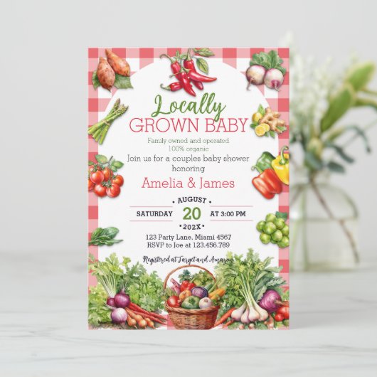 水の色の農家市場ローカル成長ベビーシャワー 招待状 (スタンド正面)