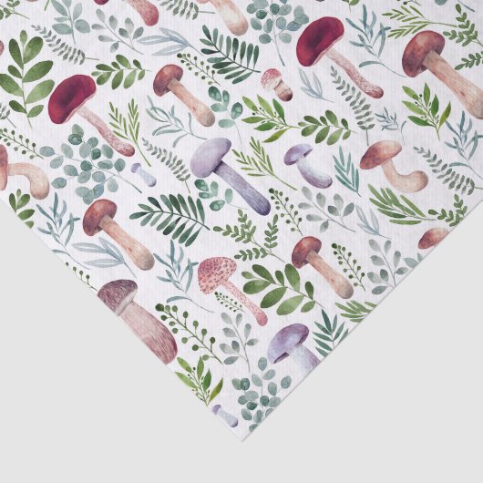 水の色の野生のキノコと葉のパターン 薄葉紙 (詳細)