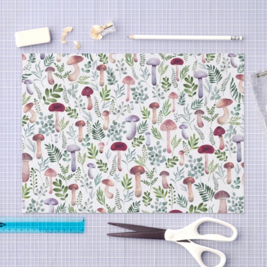 水の色の野生のキノコと葉のパターン 薄葉紙 (クラフト)