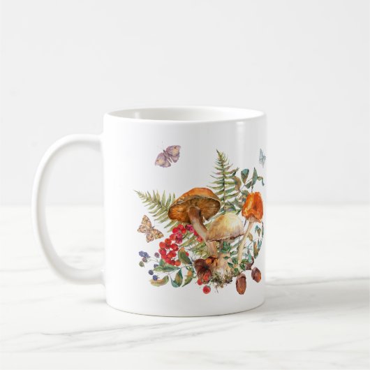 水の色の野生の森のキノコ、果実、どんぐり コーヒーマグカップ (左)
