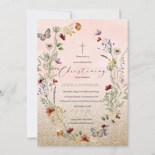 水の色の野生の花と蝶の私たちに参加 招待状 (正面)