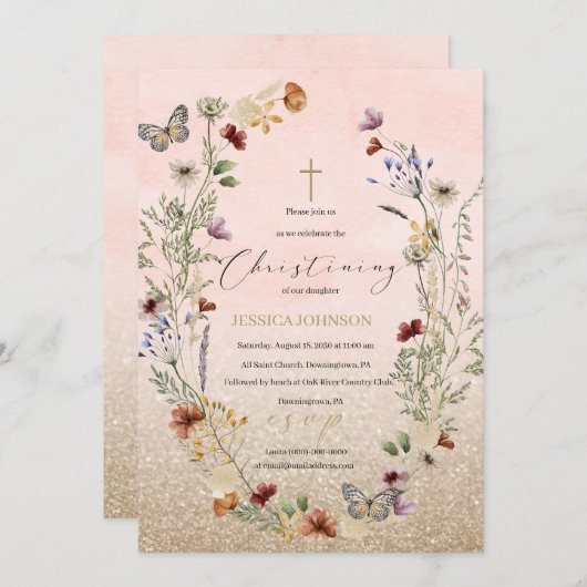 水の色の野生の花と蝶の私たちに参加 招待状 (正面/裏面)