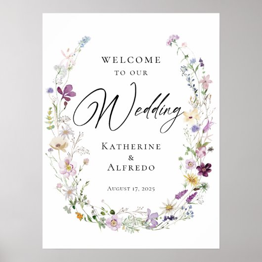 水の色の野結婚花の歓迎サイン ポスター (正面)