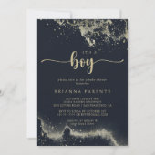 水の色の金ゴールドスプラッシュ男の子の赤ちゃんシャワー 招待状 (正面)