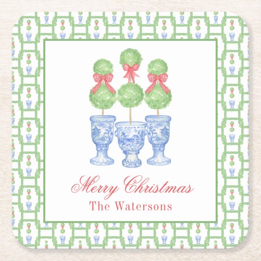 水の色の陳腐なクリスマスボウトピアリー スクエアペーパーコースター (正面)