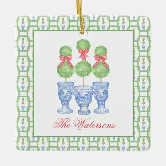 水の色の陳腐なクリスマスボウトピアリー セラミックオーナメント (正面)